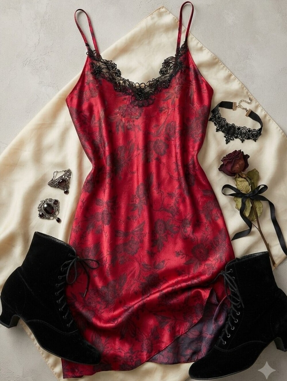 Vintage Private Luxuries Red Black Floral Beaded Lace Long Slip Dress